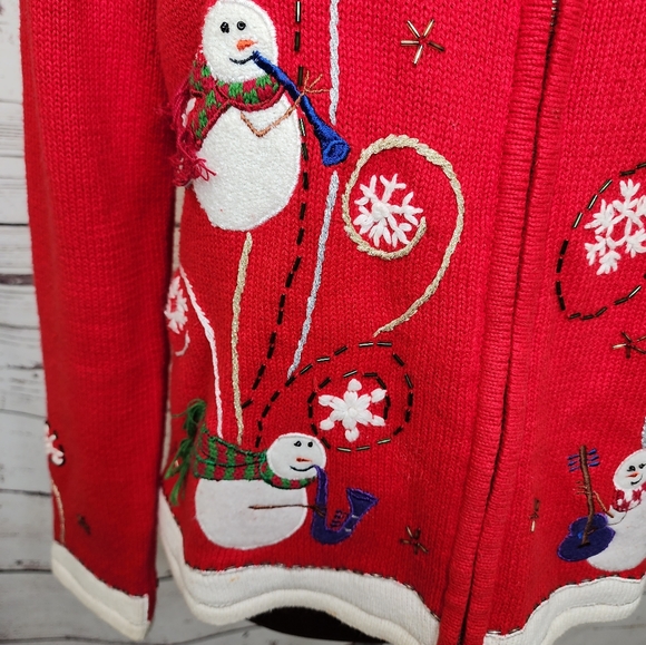Designer Originals Red‎ Snowman Christmas Zippered Cardigan Size Small - Picture 4 of 10